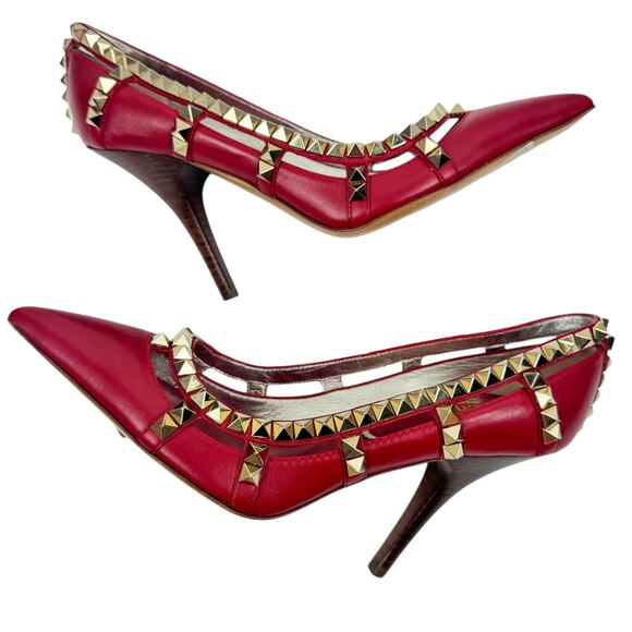 NEW Valentino Garavani Rockstud Leather Pumps Red Pointed Toe Size IT37/US7 - Picture 5 of 8